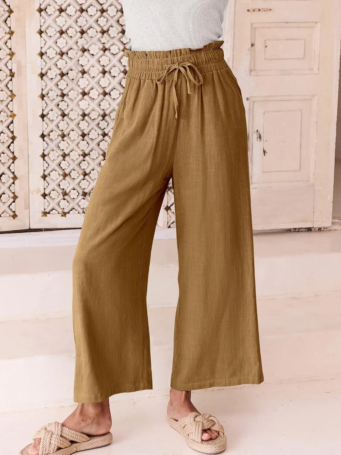 ANRABESS Women Linen Pants Casual Loose High Waist Boho Wide Leg Cropped Palazzo Beach Pants Summer Outfits 2025 Trendy