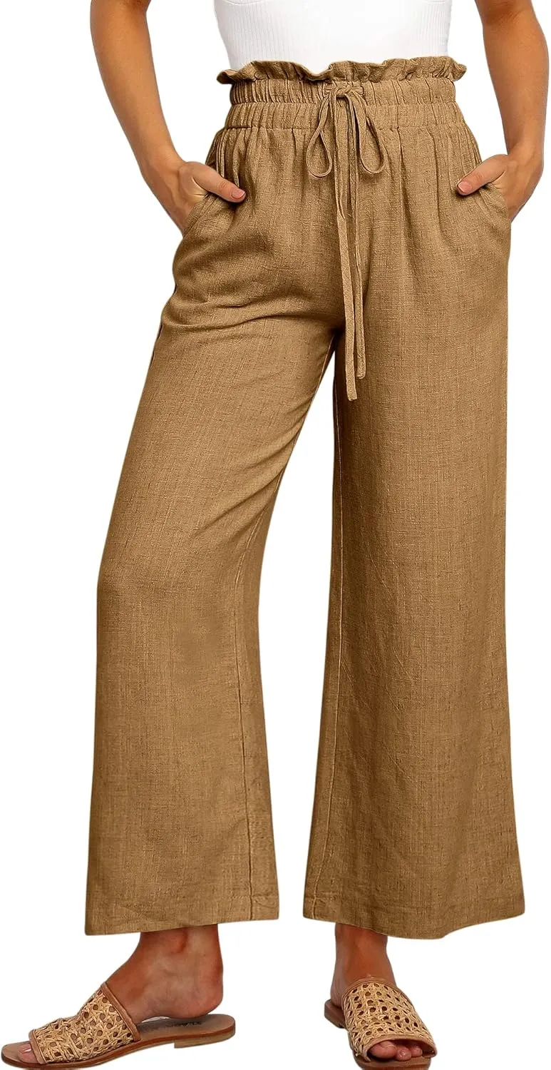 ANRABESS Women Linen Pants Casual Loose High Waist Boho Wide Leg Cropped Palazzo Beach Pants Summer Outfits 2025 Trendy