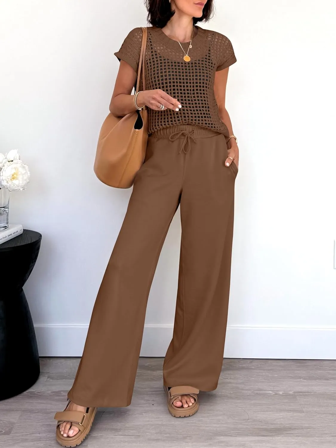 ANRABESS Women Two Piece Outfits Crochet Sheer Knit Sweater Top Wide Leg Pants Lounge Matching Sets Sweatsuit Travel Clothes