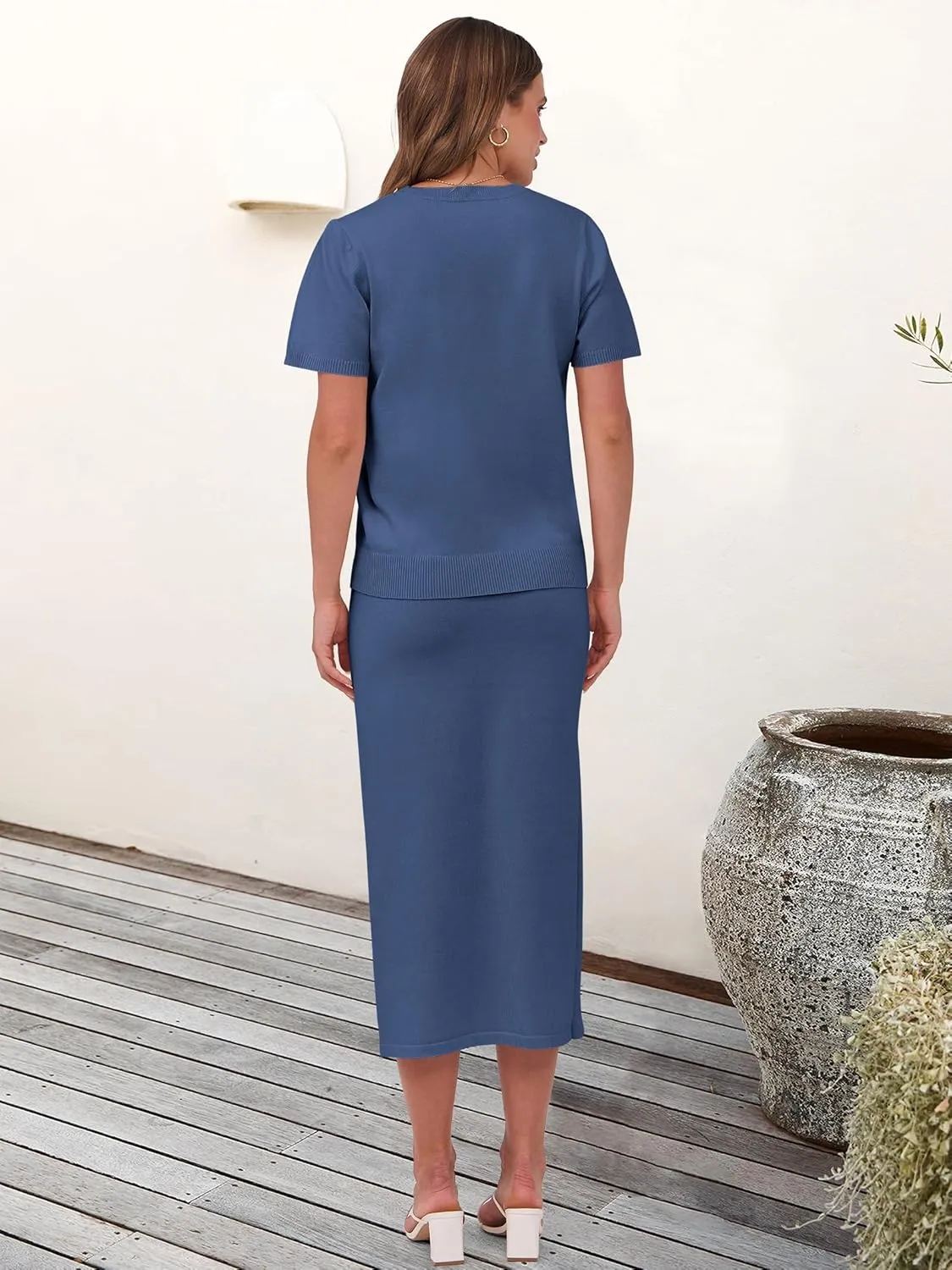 ANRABESS Womens 2 Piece Outfits Striped Sweater Skirt Sets 2025 Summer Casual Short Sleeve Pullover Tops Travel Midi Dress