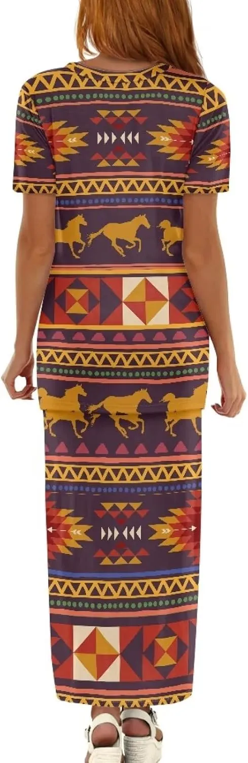 Aztec Native American High Waist Midi Skirt Set Women 2 Piece Summer Outfits Tops High Waist Midi Skirt Set