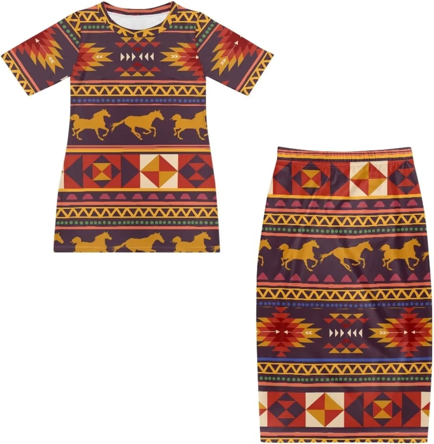 Aztec Native American High Waist Midi Skirt Set Women 2 Piece Summer Outfits Tops High Waist Midi Skirt Set