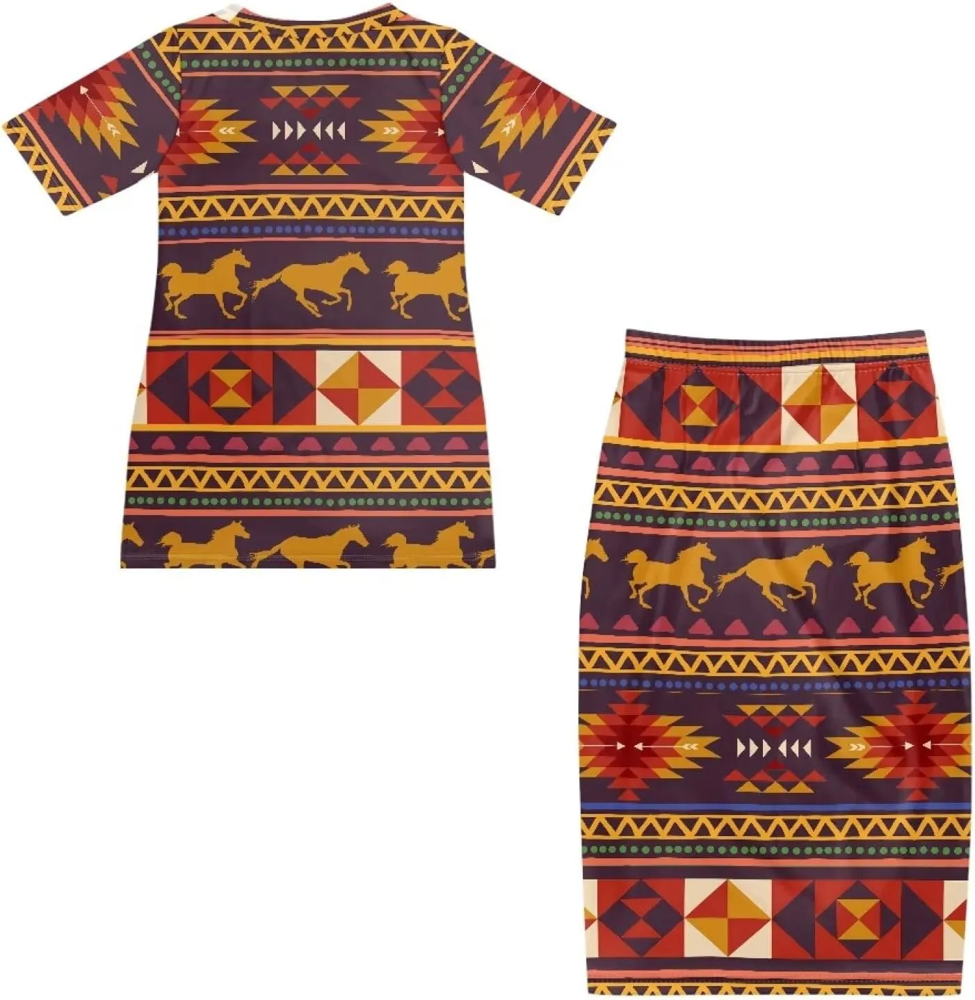 Aztec Native American High Waist Midi Skirt Set Women 2 Piece Summer Outfits Tops High Waist Midi Skirt Set
