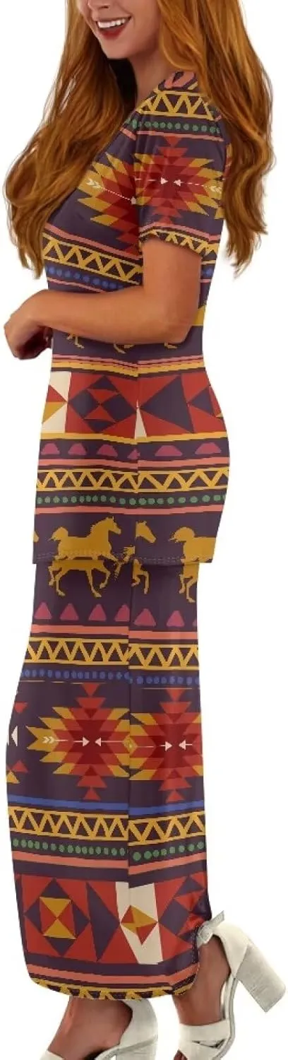 Aztec Native American High Waist Midi Skirt Set Women 2 Piece Summer Outfits Tops High Waist Midi Skirt Set