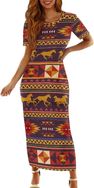 Aztec Native American High Waist Midi Skirt Set Women 2 Piece Summer Outfits Tops High Waist Midi Skirt Set
