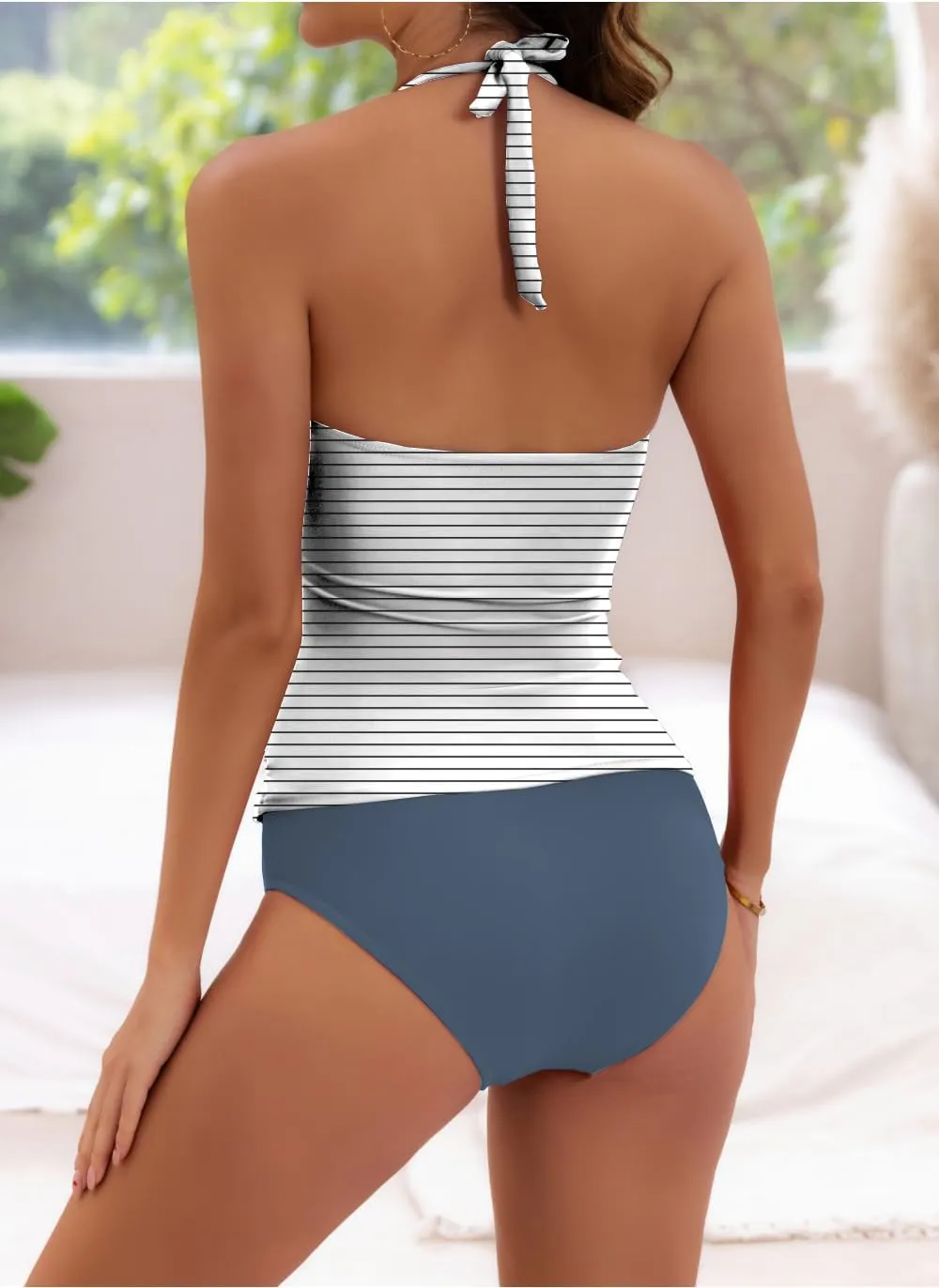 B2prity Halter Tankini Swimsuit for Women Tummy Control Two Piece Bathing Suit V Neck Swimwear with Shorts