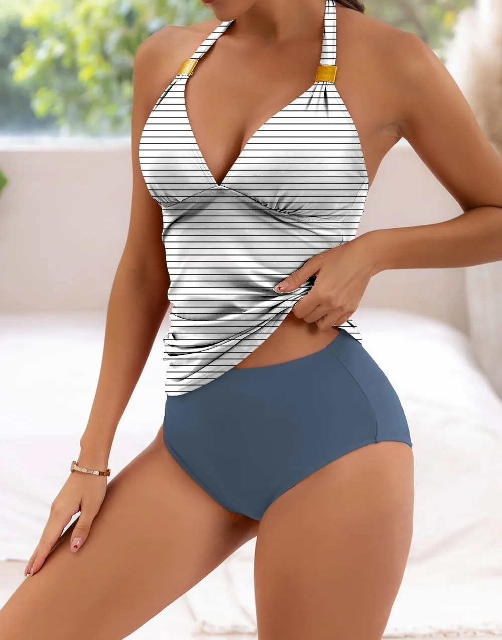 B2prity Halter Tankini Swimsuit for Women Tummy Control Two Piece Bathing Suit V Neck Swimwear with Shorts