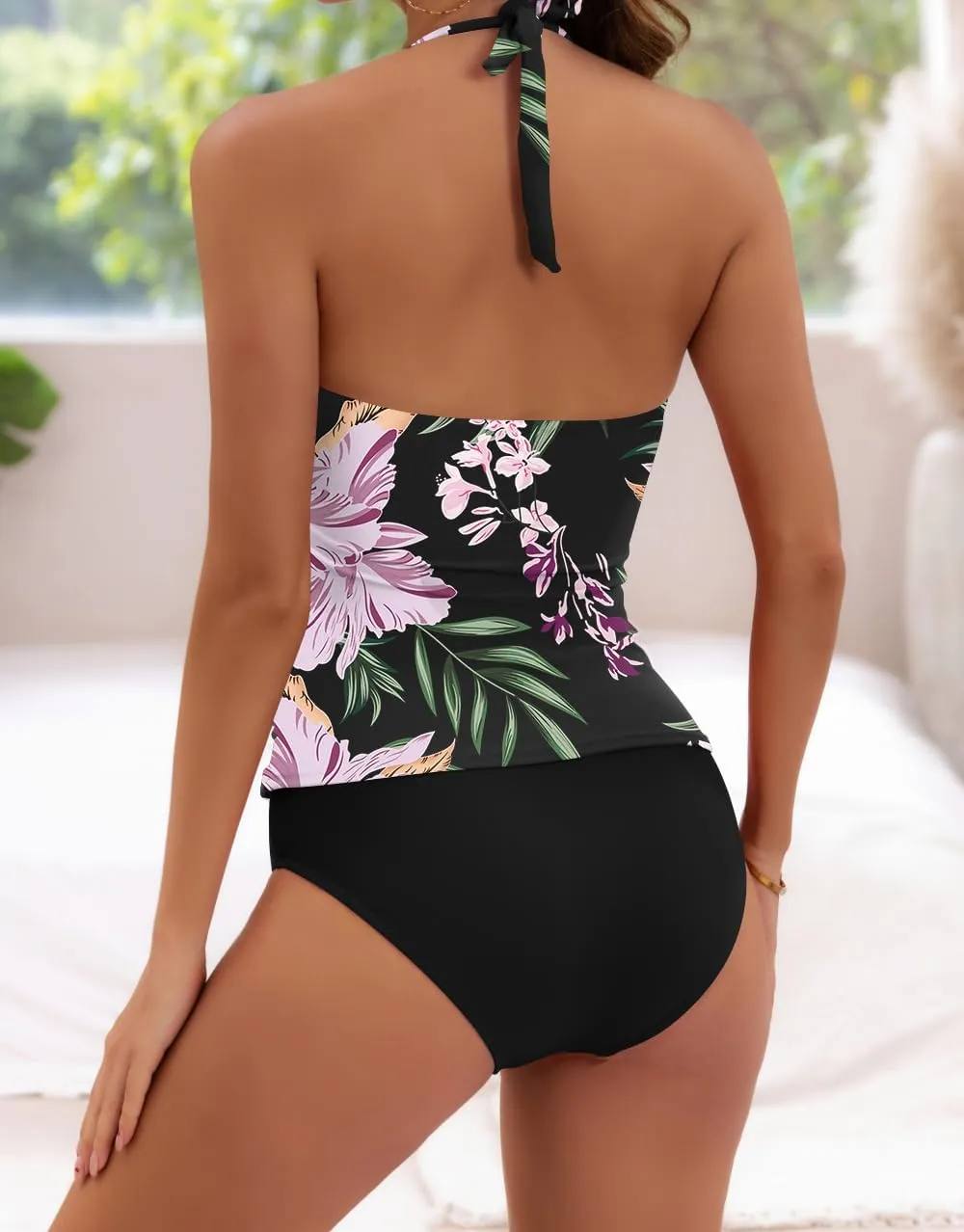 B2prity Halter Tankini Swimsuit for Women Tummy Control Two Piece Bathing Suit V Neck Swimwear with Shorts