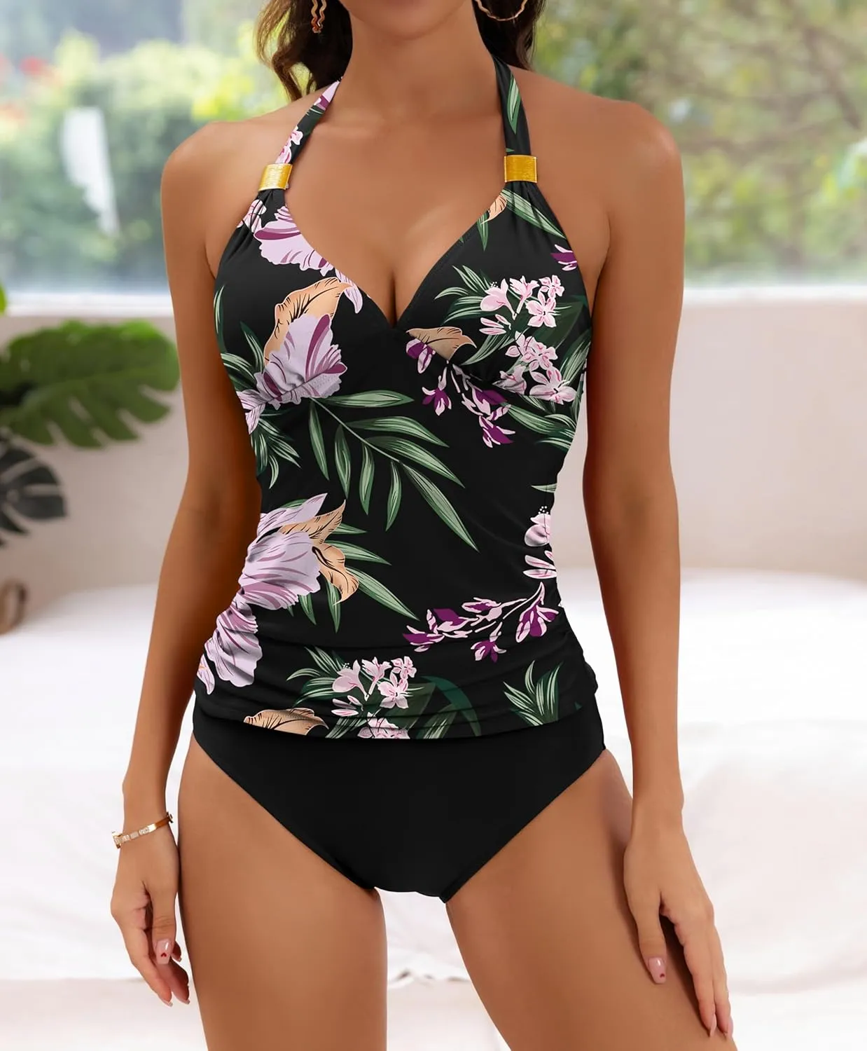 B2prity Halter Tankini Swimsuit for Women Tummy Control Two Piece Bathing Suit V Neck Swimwear with Shorts