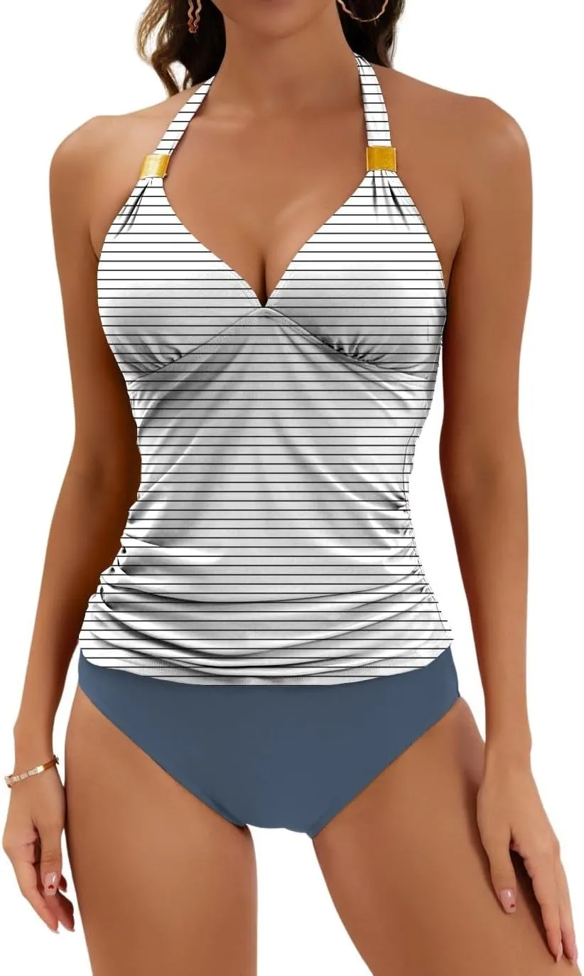 B2prity Halter Tankini Swimsuit for Women Tummy Control Two Piece Bathing Suit V Neck Swimwear with Shorts