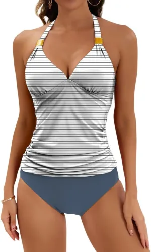 B2prity Halter Tankini Swimsuit for Women Tummy Control Two Piece Bathing Suit V Neck Swimwear with Shorts