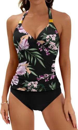 B2prity Halter Tankini Swimsuit for Women Tummy Control Two Piece Bathing Suit V Neck Swimwear with Shorts