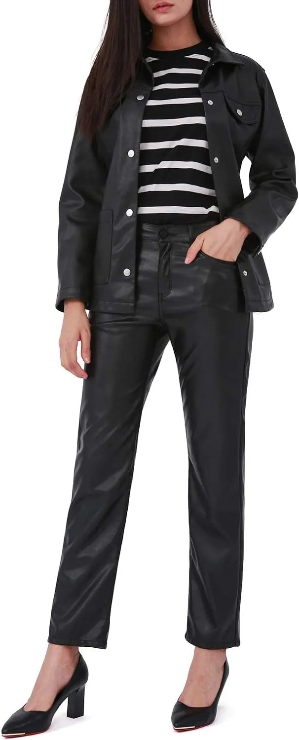 Balleay Art Faux Leather Pants for Women, Straight Leg Mid Waist Butt Lift Elastic Black Pants with 5 Pockets