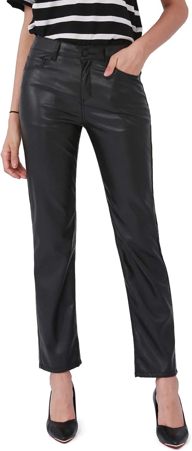 Balleay Art Faux Leather Pants for Women, Straight Leg Mid Waist Butt Lift Elastic Black Pants with 5 Pockets