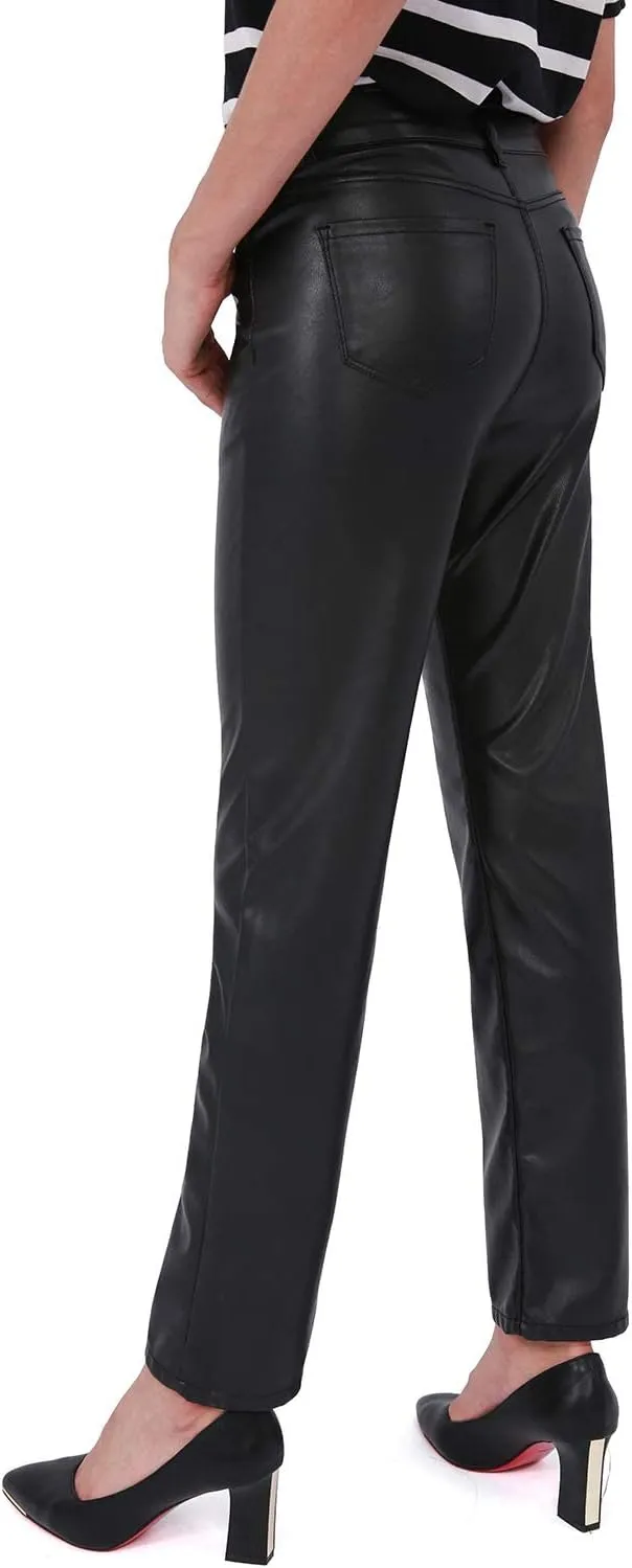 Balleay Art Faux Leather Pants for Women, Straight Leg Mid Waist Butt Lift Elastic Black Pants with 5 Pockets
