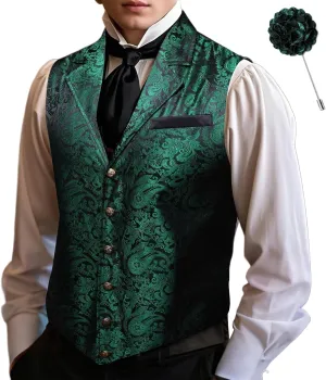 Barry.Wang Mens Victorian Suit Vest Lapel Collar Silk Paisley Steampunk Gothic Waistcoat Formal/Leisure Party