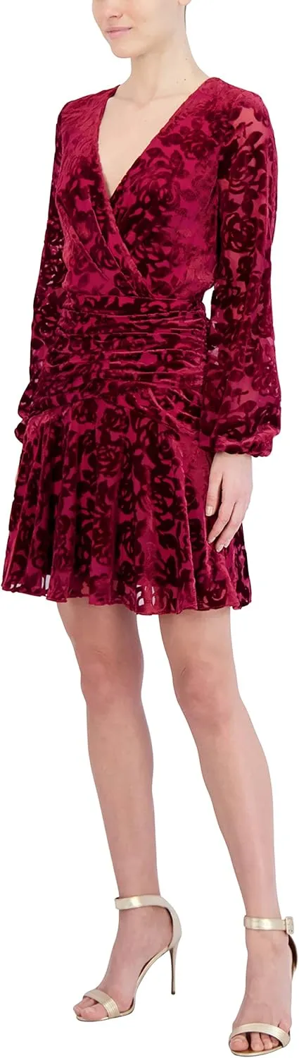 BCBGMAXAZRIA Women's Fit and Flare Mini Dress Long Sleeve Velvet Ruffle Skirt