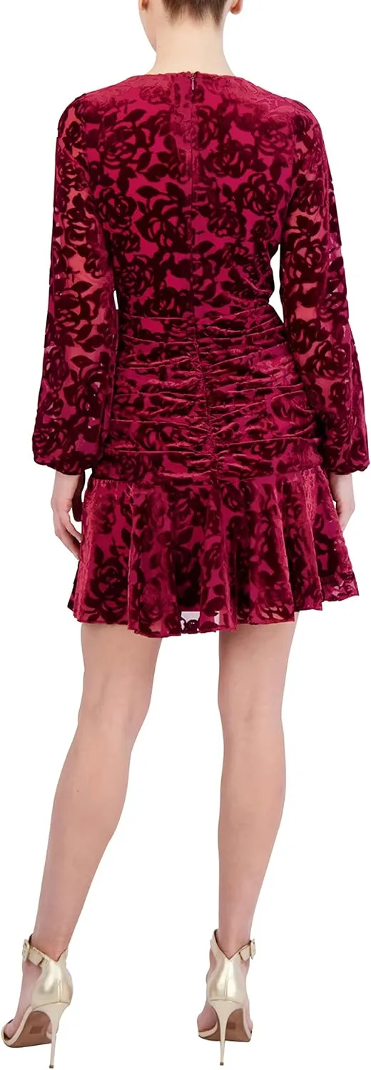 BCBGMAXAZRIA Women's Fit and Flare Mini Dress Long Sleeve Velvet Ruffle Skirt