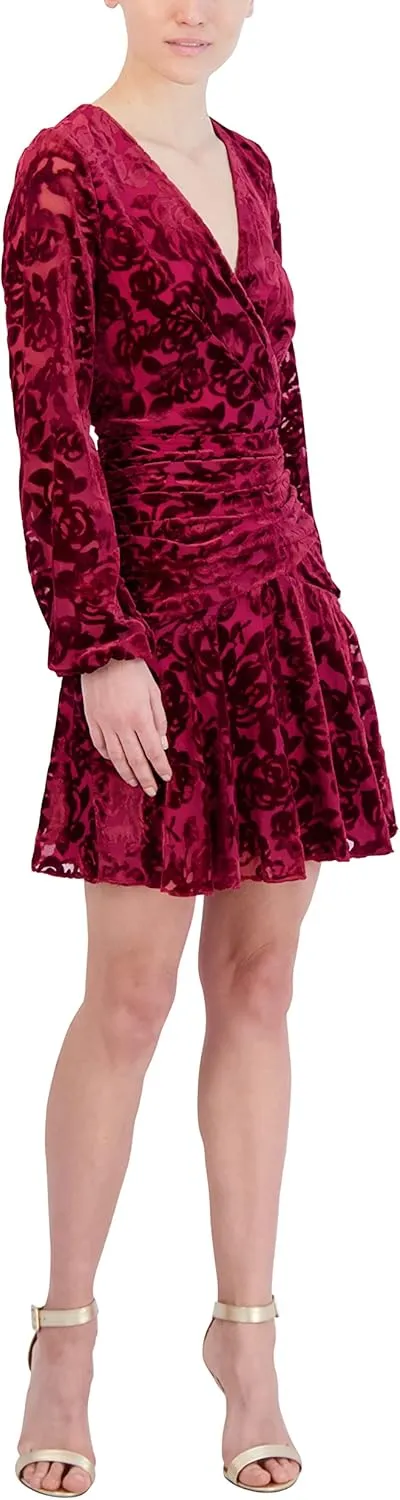 BCBGMAXAZRIA Women's Fit and Flare Mini Dress Long Sleeve Velvet Ruffle Skirt