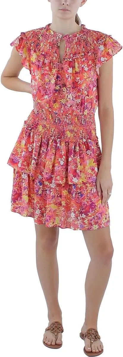 BCBGMAXAZRIA Women's Fit and Flare Mini Dress Short Ruffle Cap Sleeve Smocked Waist Shoulders Notched V Neck Tiered Skirt