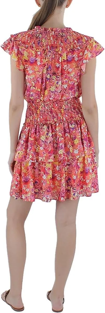 BCBGMAXAZRIA Women's Fit and Flare Mini Dress Short Ruffle Cap Sleeve Smocked Waist Shoulders Notched V Neck Tiered Skirt