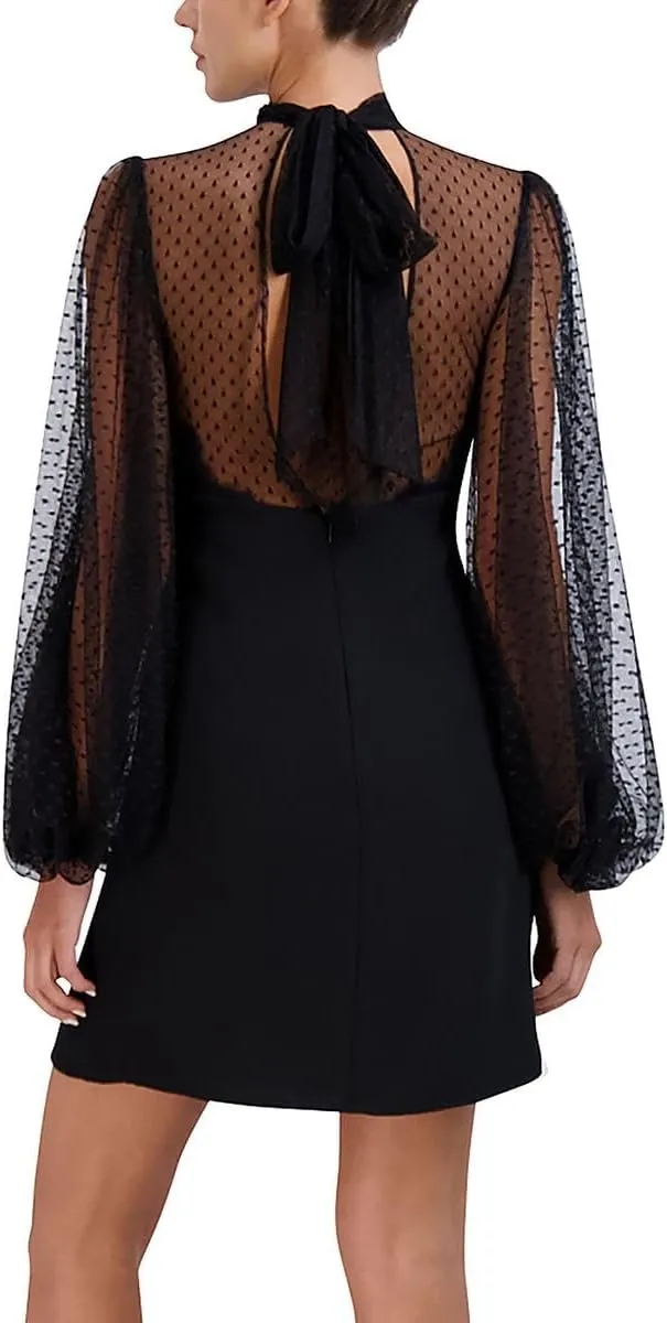 BCBGMAXAZRIA Women's Long Puff Sleeve Mock Neck a Line Mini Evening Dress