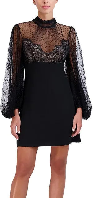 BCBGMAXAZRIA Women's Long Puff Sleeve Mock Neck a Line Mini Evening Dress