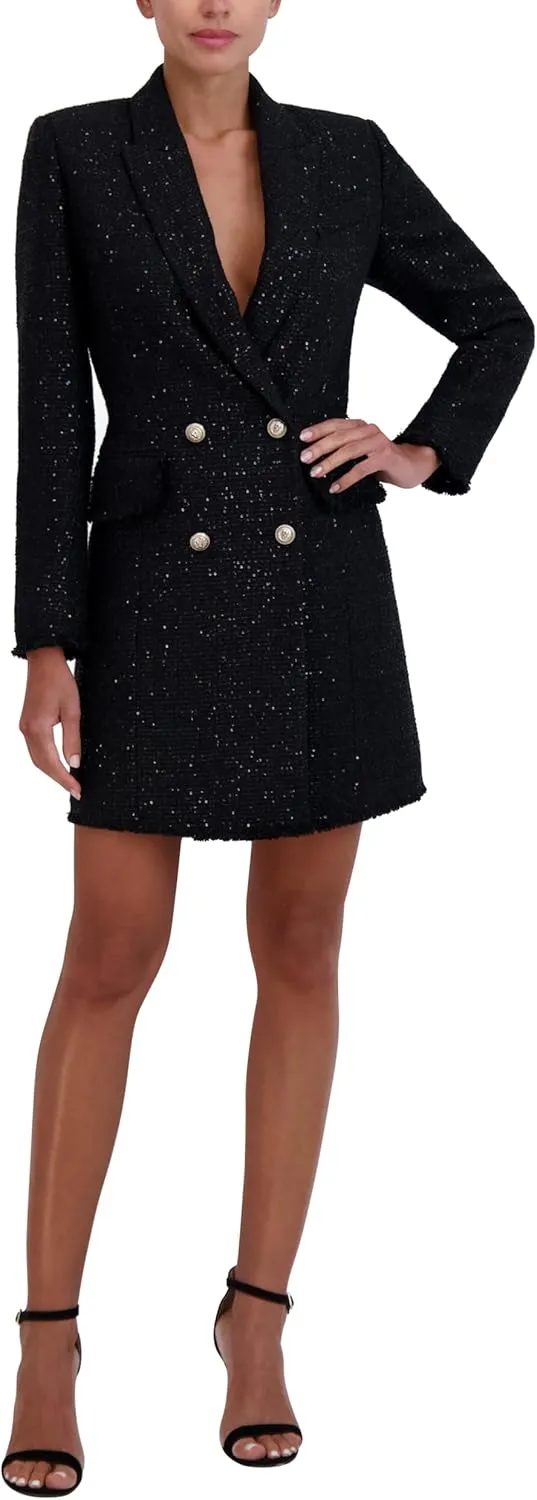 BCBGMAXAZRIA Women's Long Sleeve V Neck Mini Tweed Blazer Dress