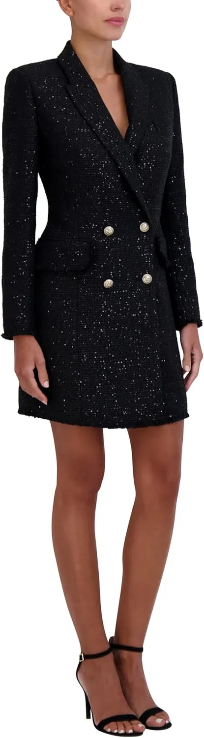 BCBGMAXAZRIA Women's Long Sleeve V Neck Mini Tweed Blazer Dress
