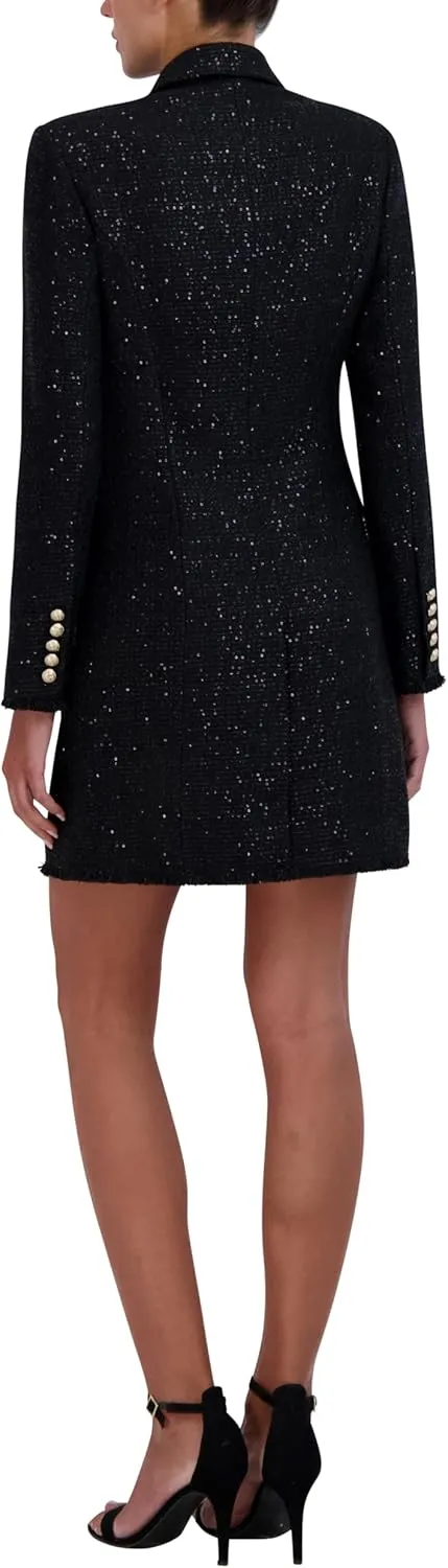 BCBGMAXAZRIA Women's Long Sleeve V Neck Mini Tweed Blazer Dress