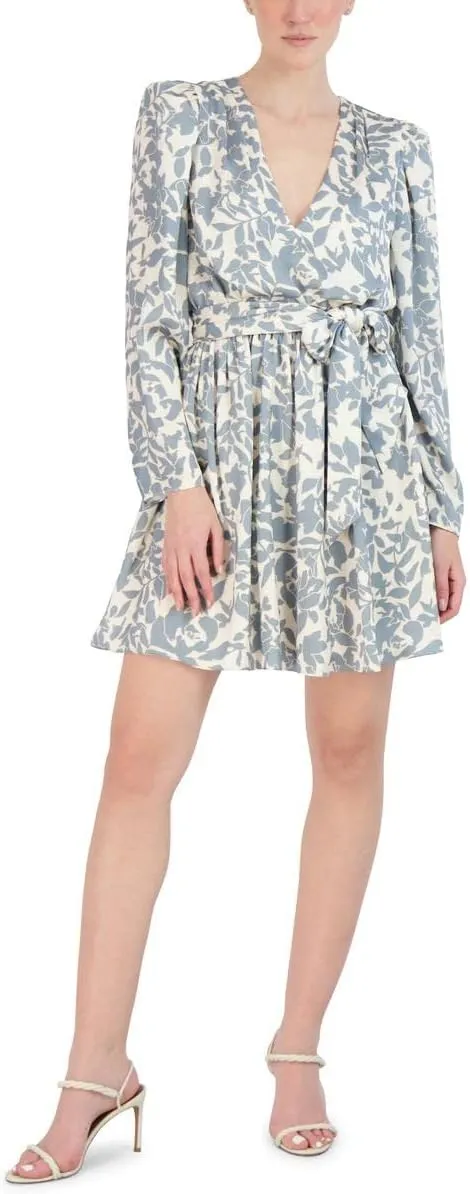 BCBGMAXAZRIA Women's Mini Cocktail Fit and Flare Long Puff Sleeve V Neck Dresses