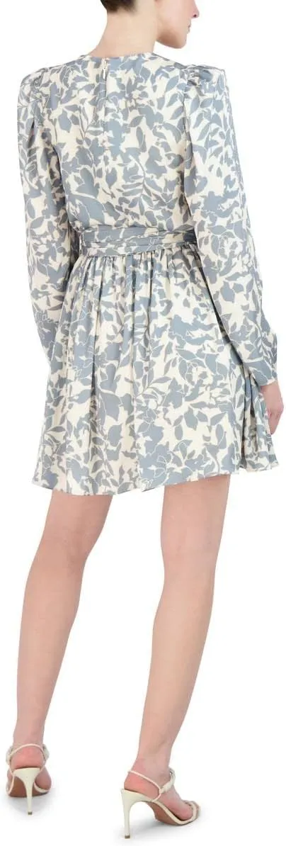 BCBGMAXAZRIA Women's Mini Cocktail Fit and Flare Long Puff Sleeve V Neck Dresses