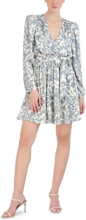 BCBGMAXAZRIA Women's Mini Cocktail Fit and Flare Long Puff Sleeve V Neck Dresses