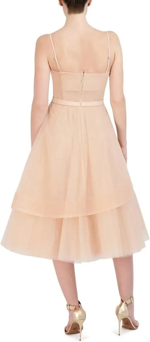 BCBGMAXAZRIA Women's Short Midi Evening Fit and Flare Adjustable Spaghetti Straps Tiered Skirt Corset Bodice Dresses