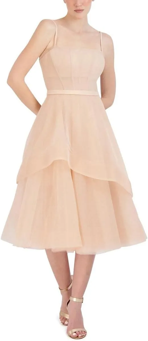 BCBGMAXAZRIA Women's Short Midi Evening Fit and Flare Adjustable Spaghetti Straps Tiered Skirt Corset Bodice Dresses