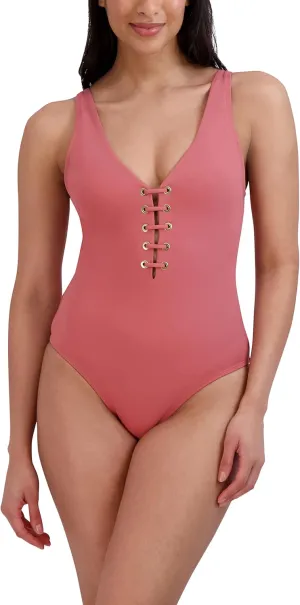 BCBGMAXAZRIA Women's Standard One Piece Swimsuit Lace Up Grommet Tummy Control Quick Dry Bathing Suit