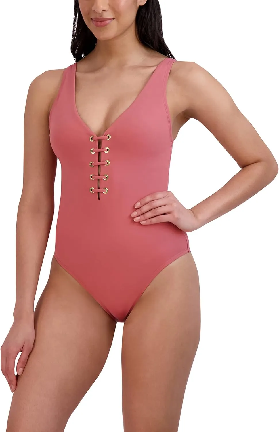 BCBGMAXAZRIA Women's Standard One Piece Swimsuit Lace Up Grommet Tummy Control Quick Dry Bathing Suit