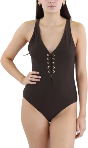 BCBGMAXAZRIA Women's Standard One Piece Swimsuit Lace Up Grommet Tummy Control Quick Dry Bathing Suit