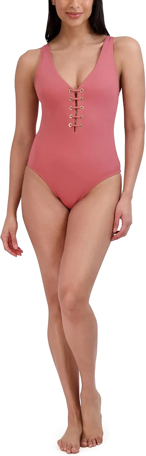 BCBGMAXAZRIA Women's Standard One Piece Swimsuit Lace Up Grommet Tummy Control Quick Dry Bathing Suit