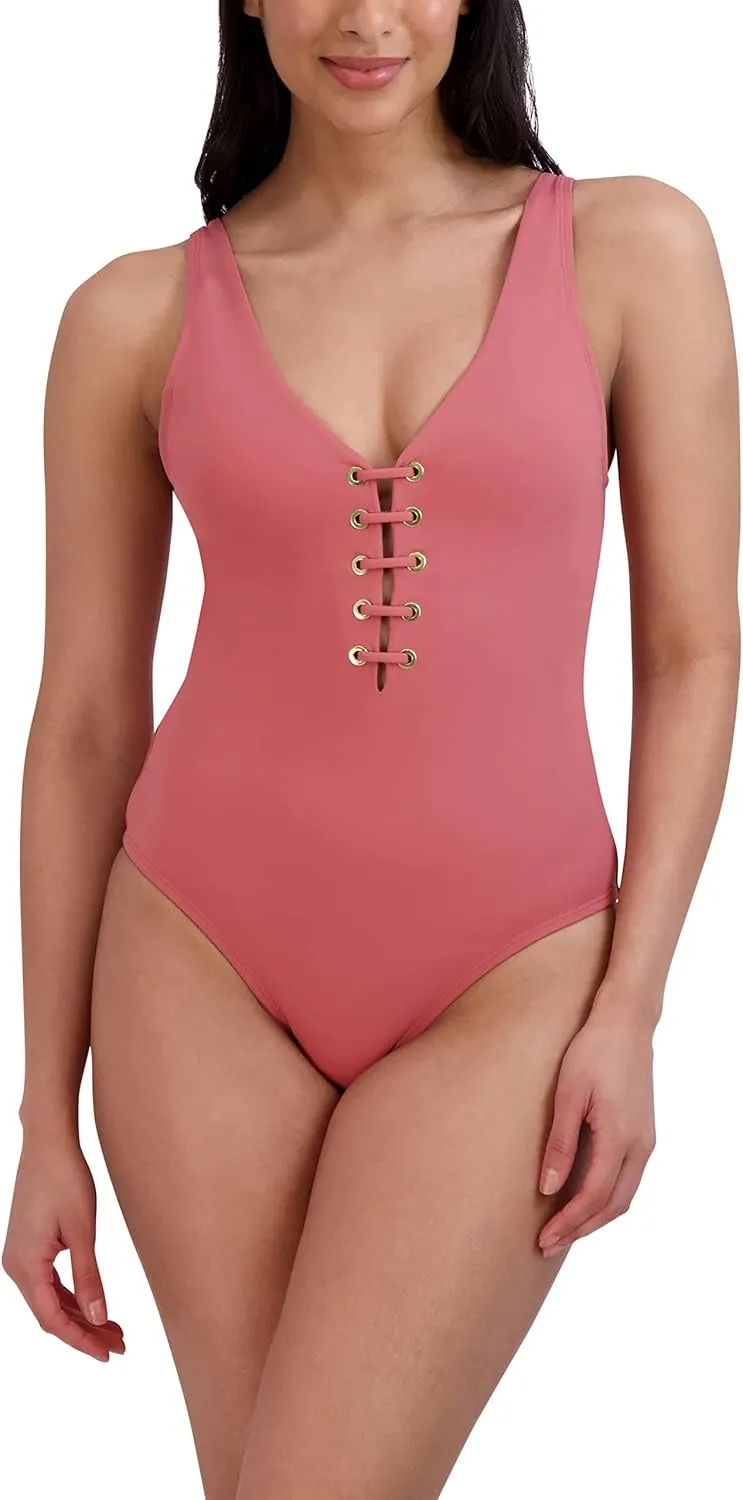 BCBGMAXAZRIA Women's Standard One Piece Swimsuit Lace Up Grommet Tummy Control Quick Dry Bathing Suit
