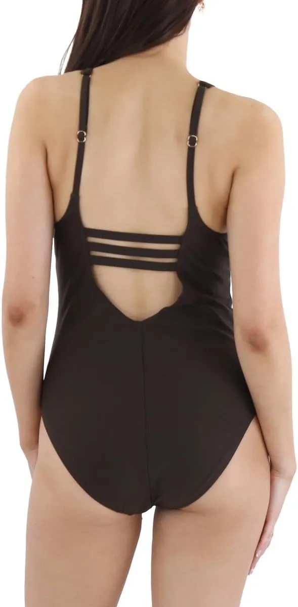 BCBGMAXAZRIA Women's Standard One Piece Swimsuit Lace Up Grommet Tummy Control Quick Dry Bathing Suit