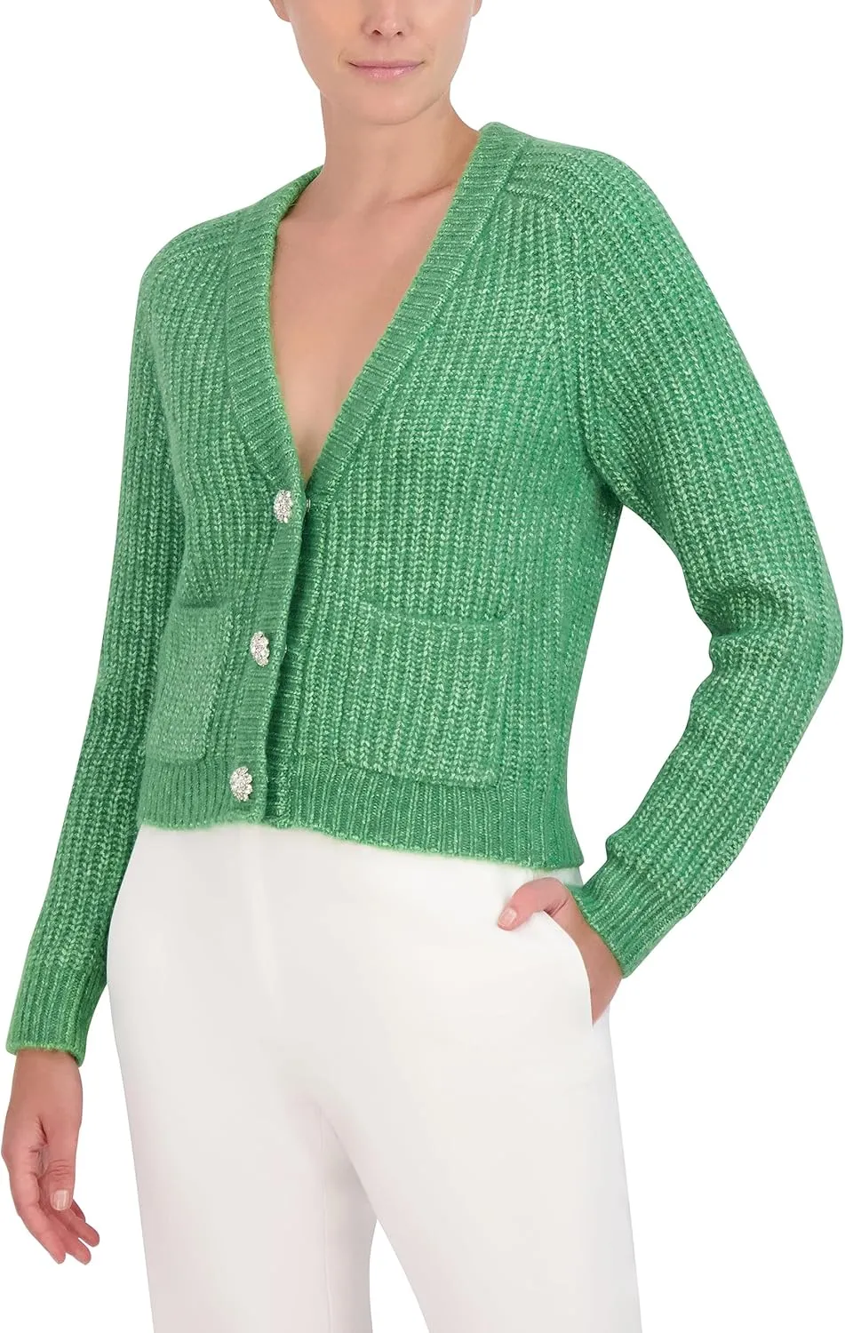BCBGMAXAZRIA Women's V Neck Long Sleeve Raglan Cardigan with Front Snap Button Closure