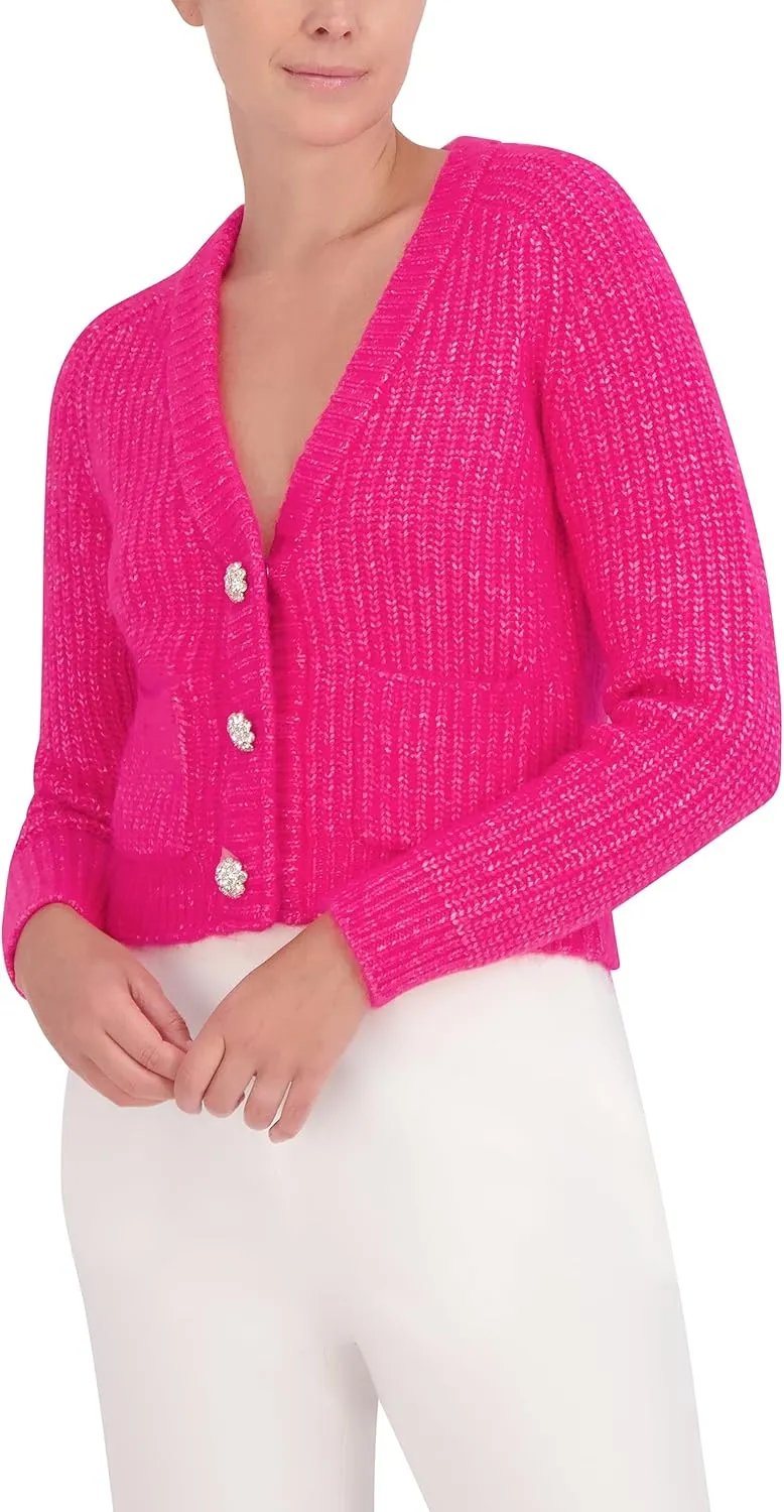 BCBGMAXAZRIA Women's V Neck Long Sleeve Raglan Cardigan with Front Snap Button Closure