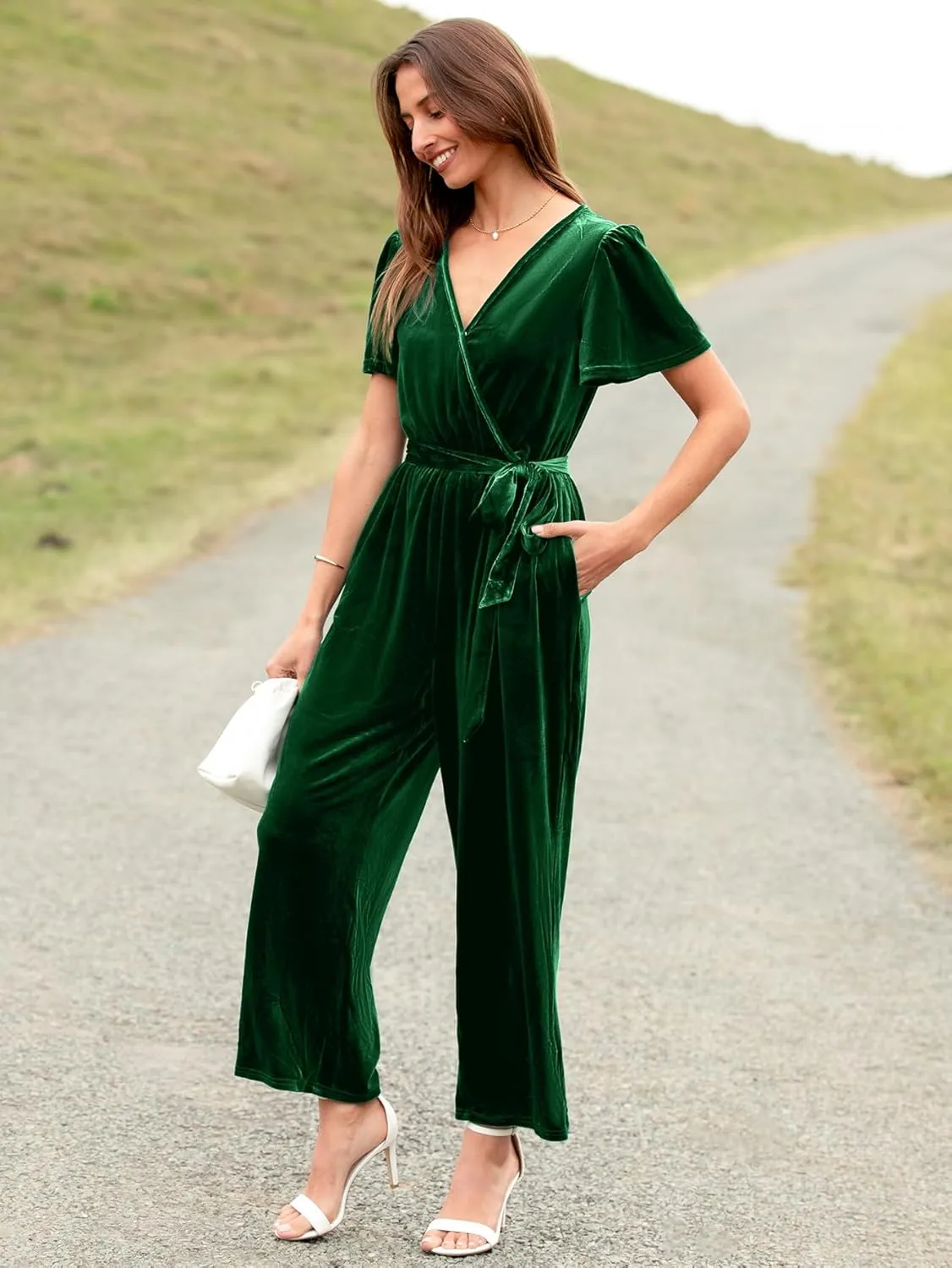 BerryGo Women's Velvet Jumpsuits For Women Dressy V Neck Short Sleeve Belted One Piece Fall Wide Leg Outfits With Pocket