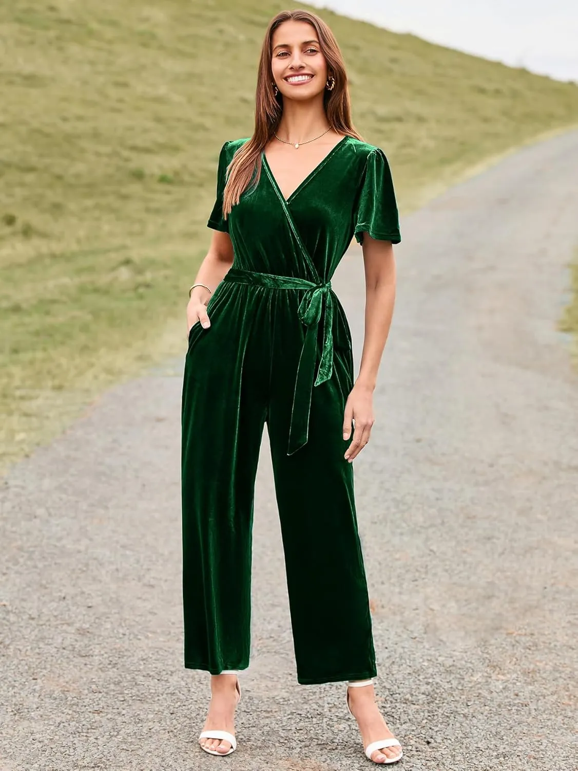 BerryGo Women's Velvet Jumpsuits For Women Dressy V Neck Short Sleeve Belted One Piece Fall Wide Leg Outfits With Pocket