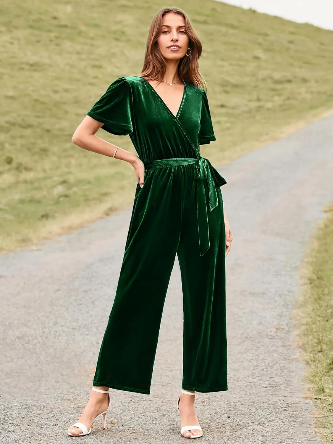 BerryGo Women's Velvet Jumpsuits For Women Dressy V Neck Short Sleeve Belted One Piece Fall Wide Leg Outfits With Pocket