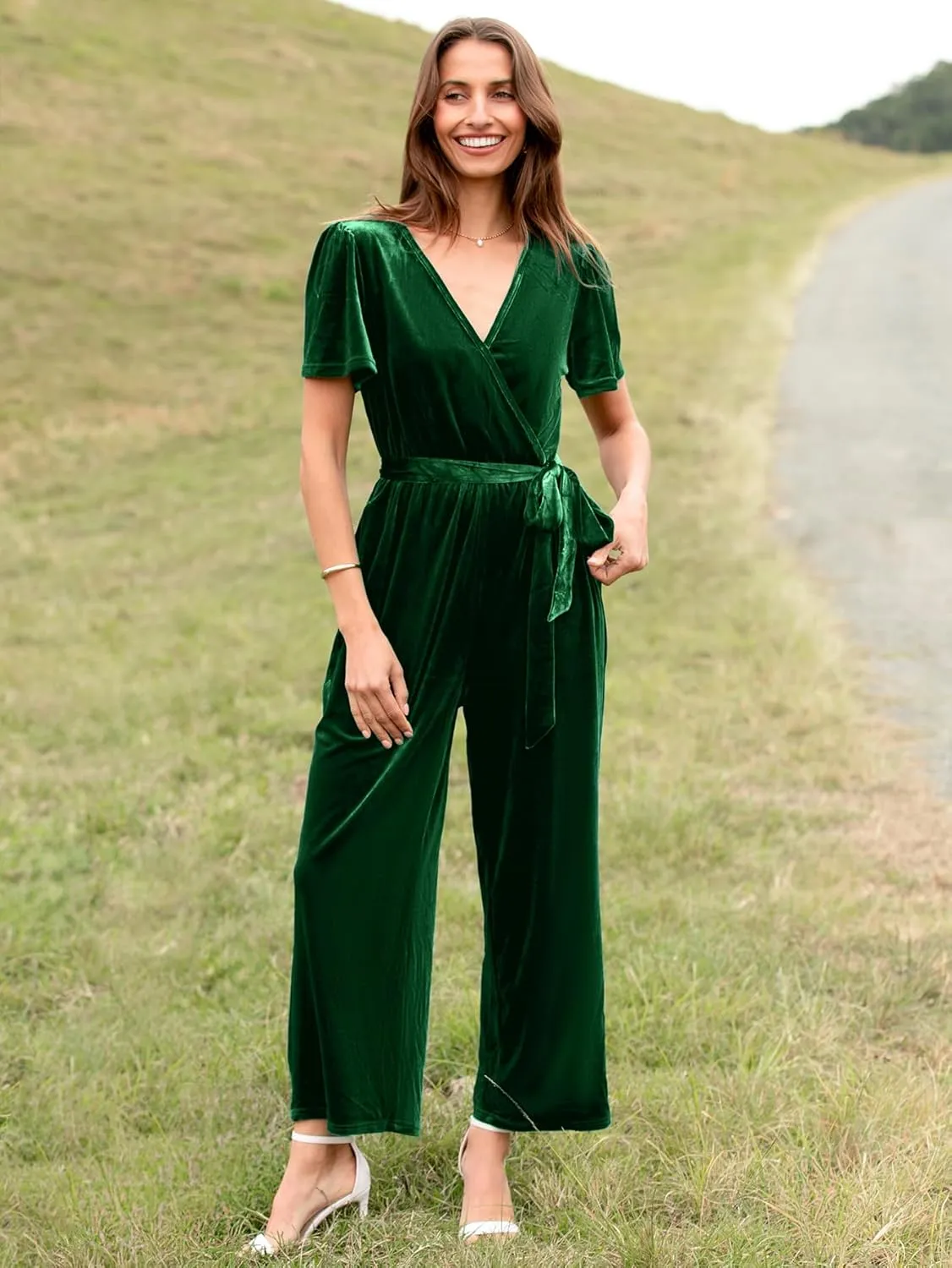 BerryGo Women's Velvet Jumpsuits For Women Dressy V Neck Short Sleeve Belted One Piece Fall Wide Leg Outfits With Pocket