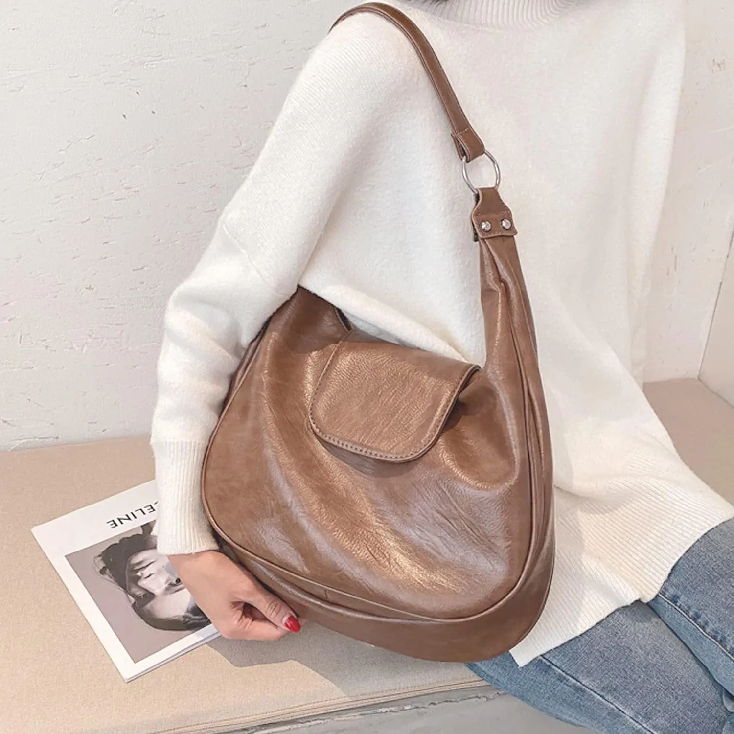 Big Capacity Shoulder Vintage Faux Leather Handbag Satchel Soft Leather Tote