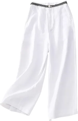 Boho Linen Pants for Women Trendy High Waist Cropped Palazzo Pants Summer Beach Casual Wide Leg Trousers with Pockets
