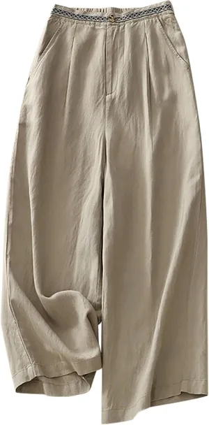Boho Linen Pants for Women Trendy High Waist Cropped Palazzo Pants Summer Beach Casual Wide Leg Trousers with Pockets